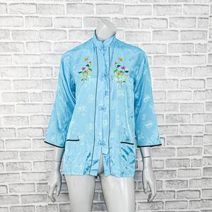 vtg GOLDEN BEE Women's Mandarin Kimono Blouse floral embroidered blue